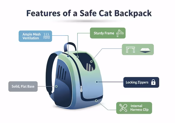 Infographic showing the key features of a safe cat backpack: good airflow with mesh windows, a sturdy frame that holds its shape, a solid base, secure zippers with clips, and an internal harness clip.