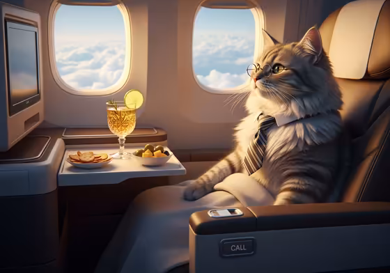 A calm cat wearing a tie and glasses sits in an airplane seat, looking out the window.