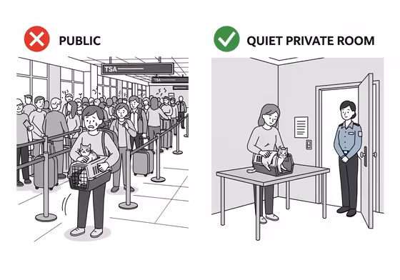 An illustration showing a person safely carrying their cat through airport security in a private screening room.