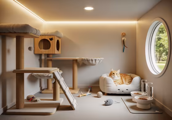 A happy cat lounging in a luxurious cat boarding facility with a soft bed, toys, and a window view.