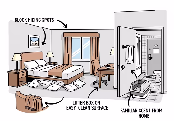 A diagram of a hotel room showing how to make it safe for a cat, with pillows blocking gaps under the bed and the litter box placed in the bathroom.