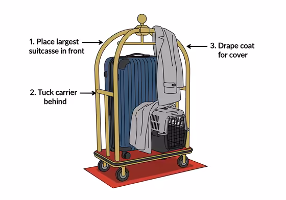 A diagram showing how to properly load a luggage cart to hide a pet carrier behind larger suitcases and a draped coat.
